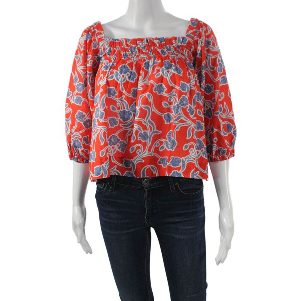LaRoque Womens Multicolor Floral Square Neck Blouse 3/4 Sleeve Cotton Size S